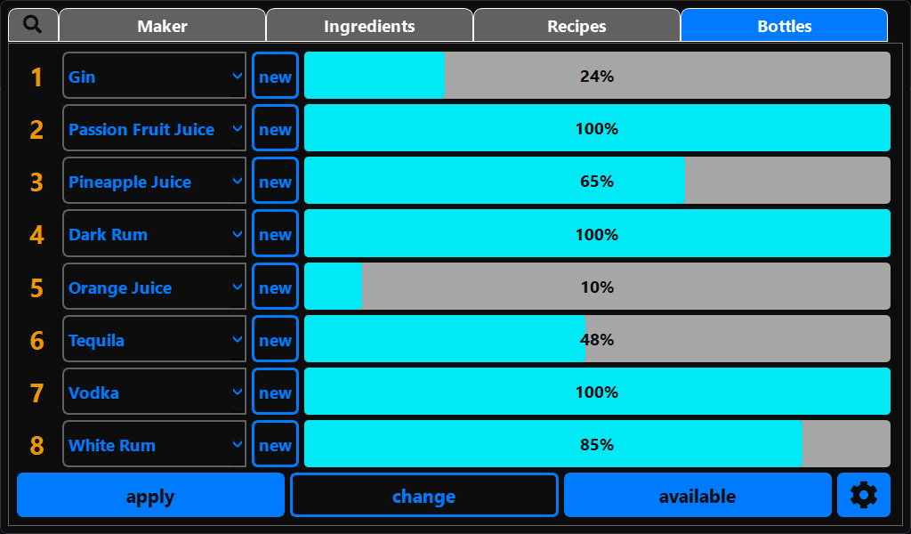 CocktailBerry cocktail machine software β bottle and pump setup screen