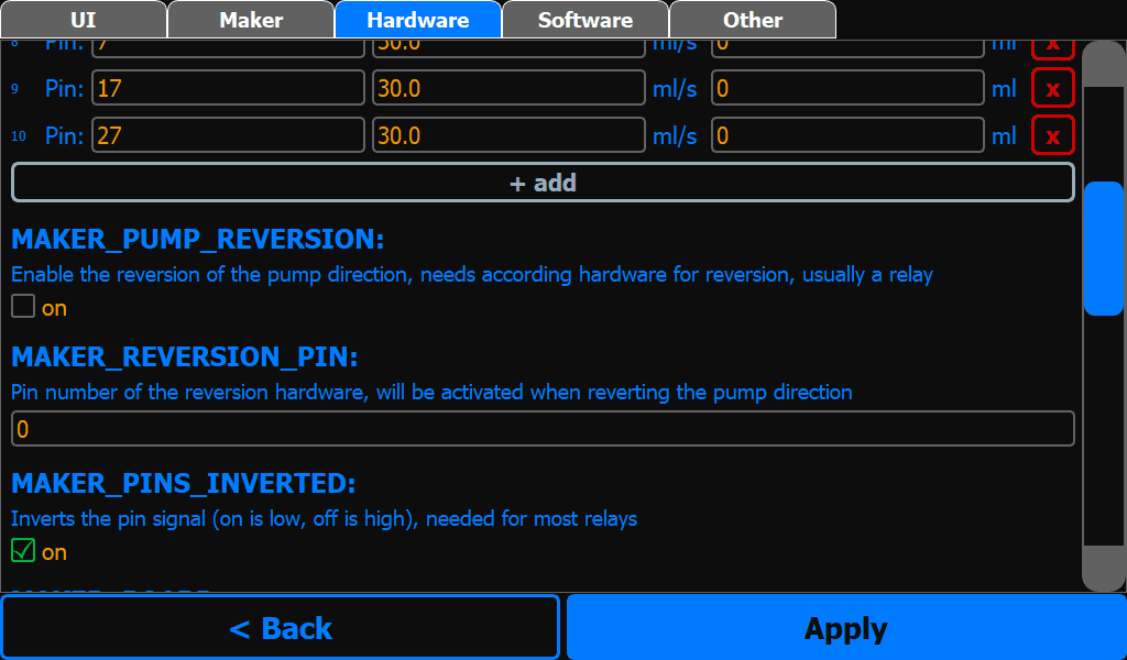 CocktailBerry cocktail machine software β configuration screen