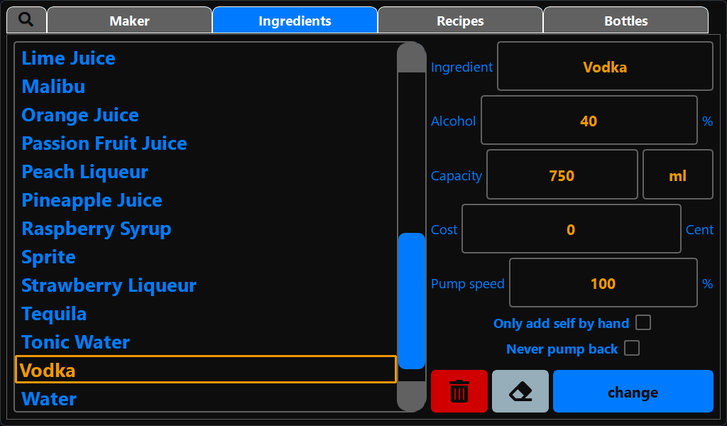 CocktailBerry cocktail machine software β ingredient management screen