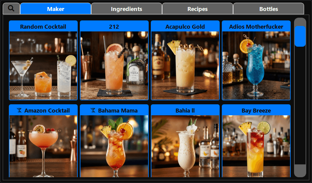 CocktailBerry cocktail machine software β main cocktail maker screen