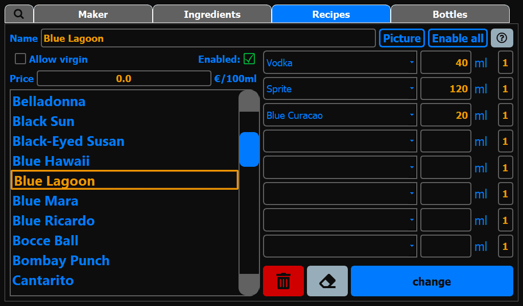 CocktailBerry cocktail machine software β recipe management screen