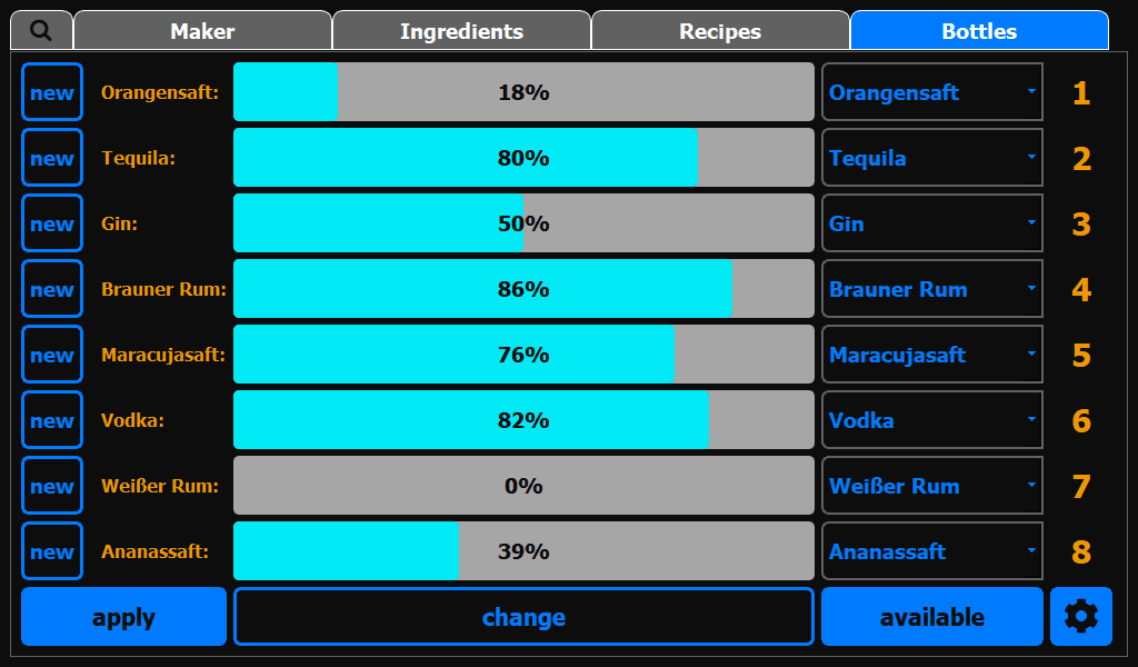 CocktailBerry Cocktailmaschinen-Software – Flaschen- und Pumpeneinrichtung