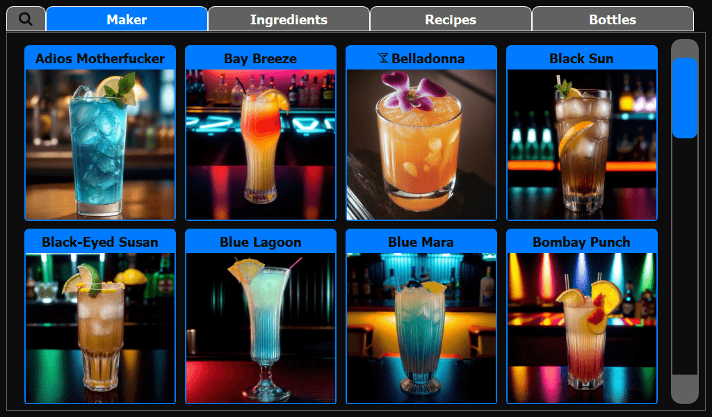 CocktailBerry Cocktailmaschinen-Software – Hauptansicht zum Cocktail mixen
